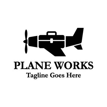 Plane works vintage propeller airplane with toolbox fuselage for aerospace engineering maintenance logo design