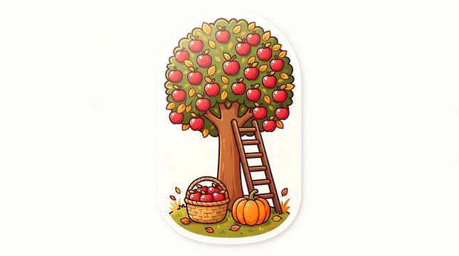 Watercolor illustration of an apple tree with a wooden ladder a basket of apples and a pumpkin