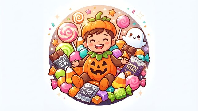 Cute cartoon child wearing a pumpkin costume surrounded by a colorful pile of halloween candy and sweets