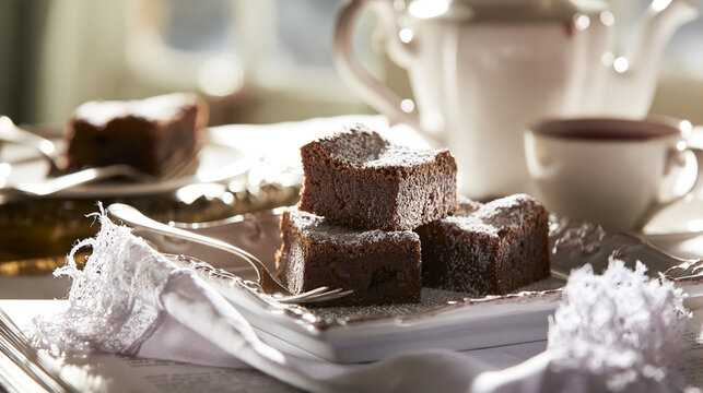 Delicious chocolate brownies dusted with powdered sugar, arranged on a decorative plate alongside a traditional tea set, creating a comforting snack scene