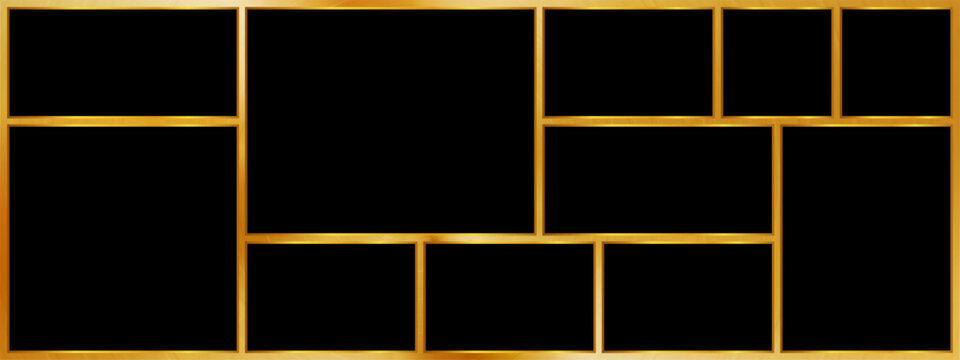 Gold bento grid horizontal moodboard design mockup isolated on black background. Photo mosaic collage gallery template. Album portfolio brandboard. Mood board overlay bg. Vector illustration