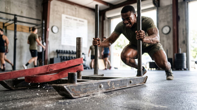Muscular man pushing a heavy metal sled during a high intensity crossfit workout in a gym