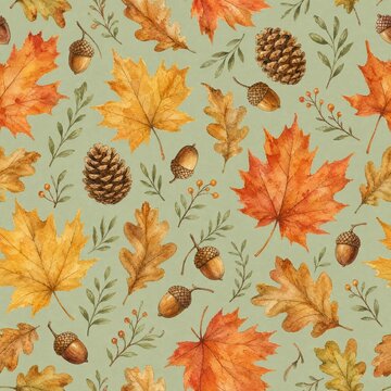 Fall autumn leaves acorns and pinecones watercolor seamless pattern vector illustration