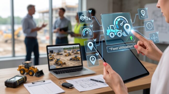 Construction Fleet Analyst Presenting Equipment Allocation Data with Holographic Fleet Utilization Icon Combining Loader and Gauge in Office Overlooking Active Construction Site