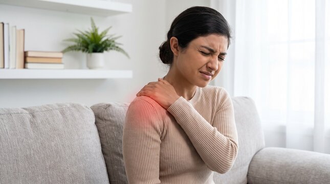 Woman suffering from acute shoulder pain on living room sofa.
