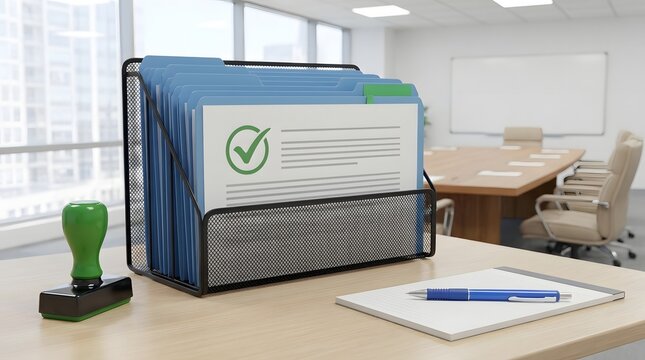 Approved documents in organizer on modern office desk