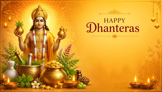 Lord dhanvantari illustration for happy dhanteras festival greeting with golden background and diya lamps