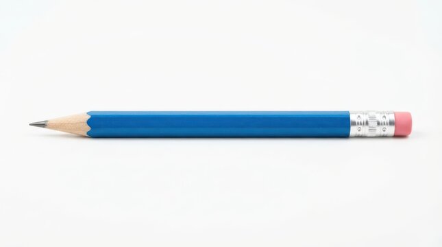 A single blue pencil with a pink eraser isolated on white background