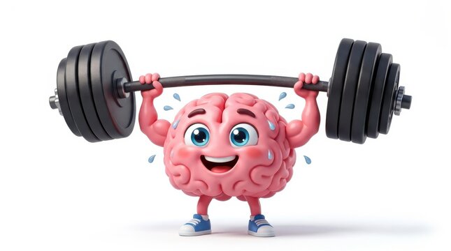 Cartoon brain character lifting a heavy barbell isolated on white background