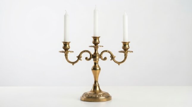 Elegant brass candelabra with three white candles isolated on white background