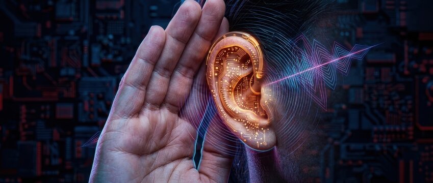 Human hand cupped near glowing electronic ear symbolizing hearing awareness and modern medical technology