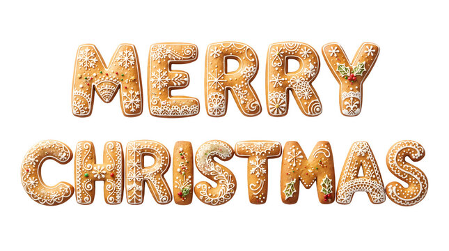 Merry christmas gingerbread cookies lettering isolated on transparent background