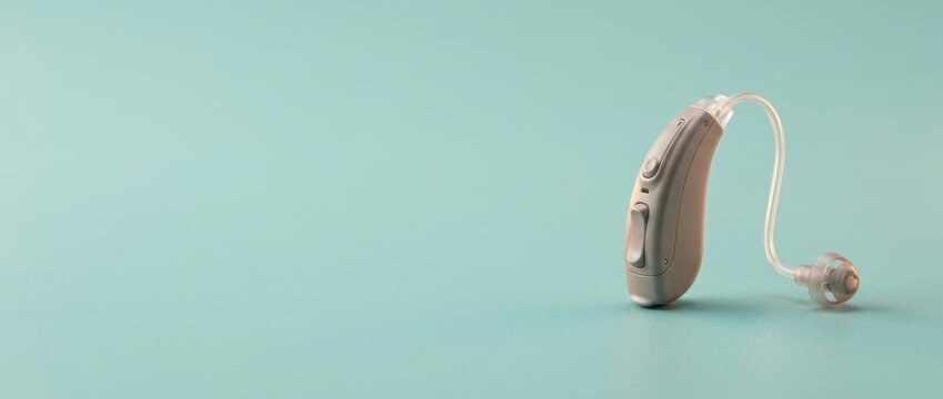 Modern hearing aid device resting on solid light turquoise background with ample horizontal negative space