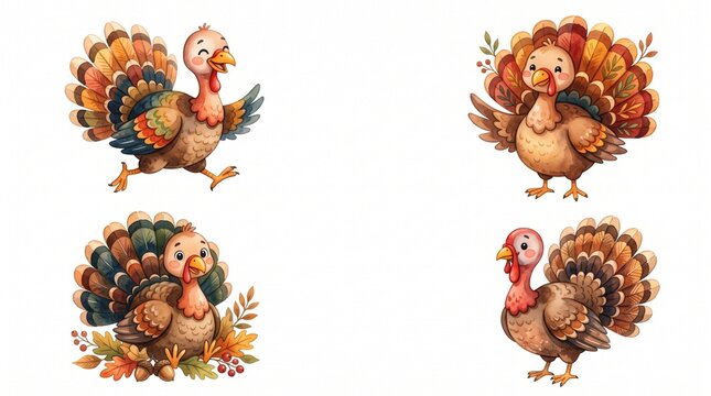 Set of four watercolor turkeys in various poses isolated on a white background for autumn design
