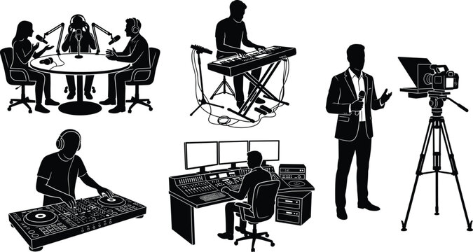 Music production and broadcasting professionals with podcast studio keyboard DJ mixer recording desk and video camera silhouettes