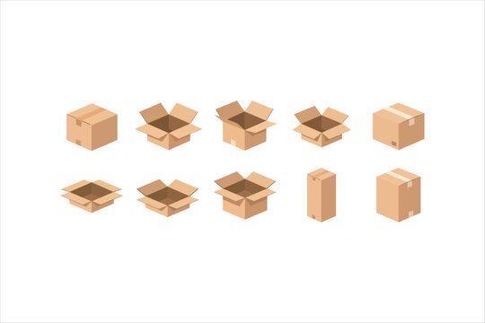 Cardboard box set illustration in flat 2D style. Vector concept for packaging, shipping parcel, isometric box, and delivery collection.