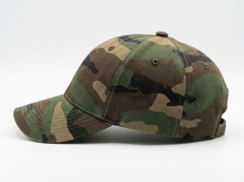 Side view of a camouflage baseball cap isolated on white background
