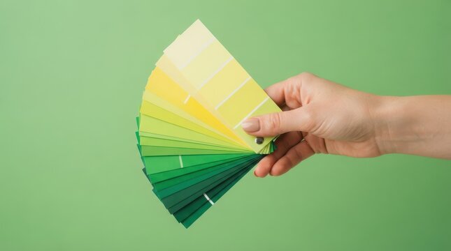 Hand holding a fan of green and yellow paint color swatches