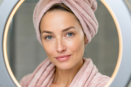 Portrait of a young woman with a towel wrapped around her head and body in a bathroom
