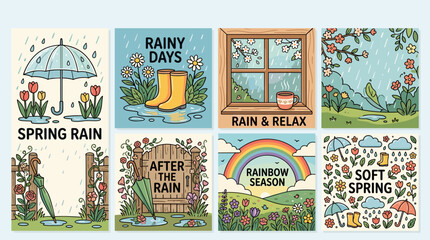 Obraz premium Spring rain and rainy day illustrations set with cute nature scenes, umbrellas, flowers, and rainbows in vector