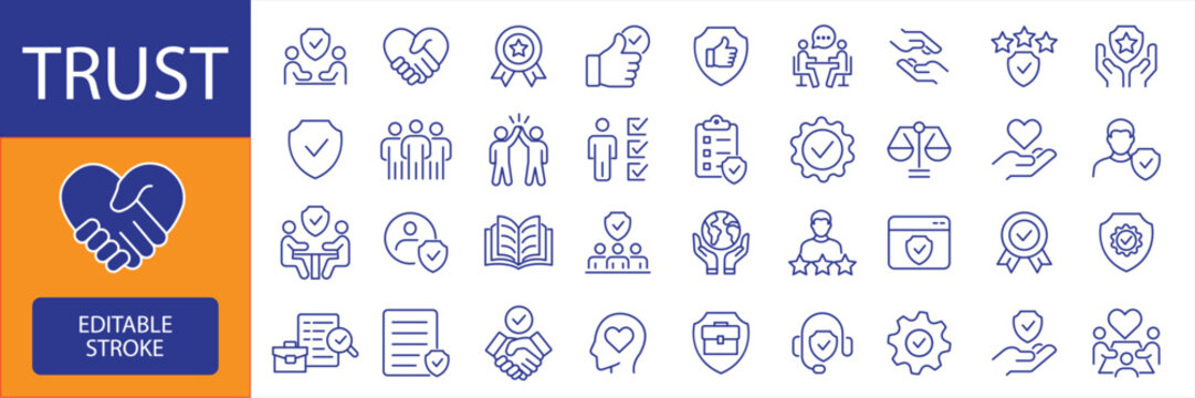 Trust icon set. Covers concepts of belief, credibility, promises, trustworthiness, friendship, and truth. Customizable line icons. Vector illustration.