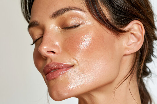 Close up portrait of young woman with natural glowing skin and closed eyes