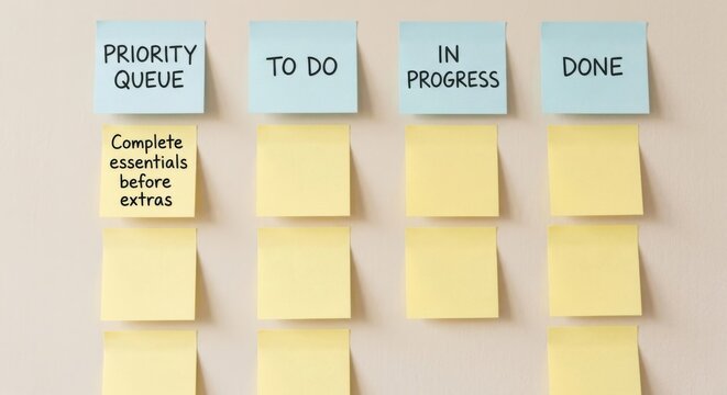 Kanban Board with Sticky Notes for Task Management and Project Planning