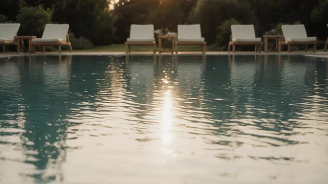 A serene outdoor swimming pool scene at sunset with empty white lounge chairs and lush greenery in the background for relaxation and leisure