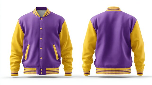 Realistic varsity jacket mockup with purple body and yellow sleeves, ribbed collar and hem, front and back view on white background for custom apparel design and fashion branding