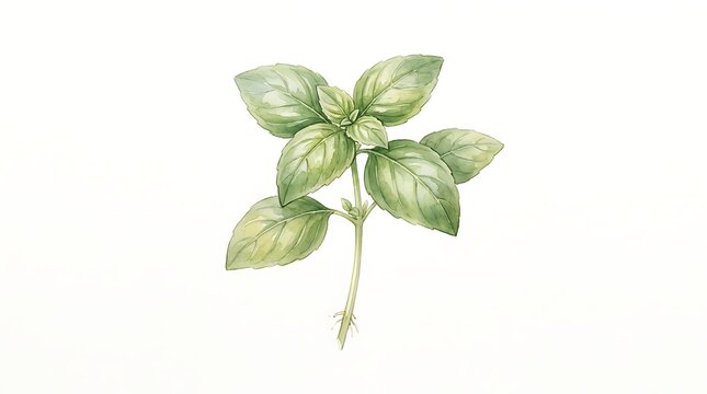Fresh green basil herb sprig watercolor illustration isolated on white background