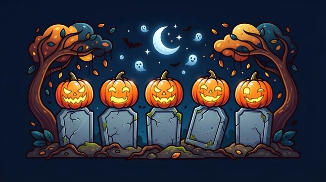 Five glowing jack o lanterns sitting on tombstones in a spooky graveyard under a crescent moon