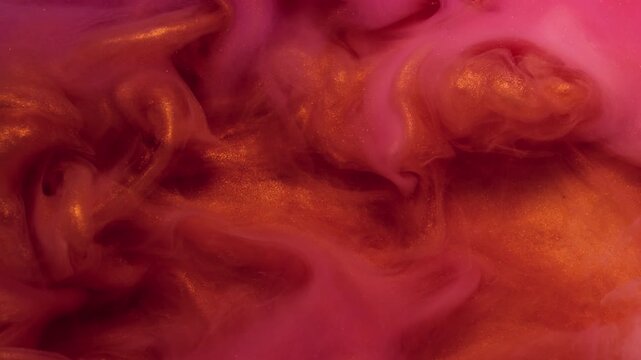 Hypnotic fluid. Ink swirl. Red orange shimmering art smoke liquid stream blend color. Fume bright twist abstract water blur background.