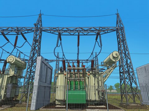 Electrical power substation with high voltage transformers, steel pylons, and power lines on a sunny day cartoon vector illustration.