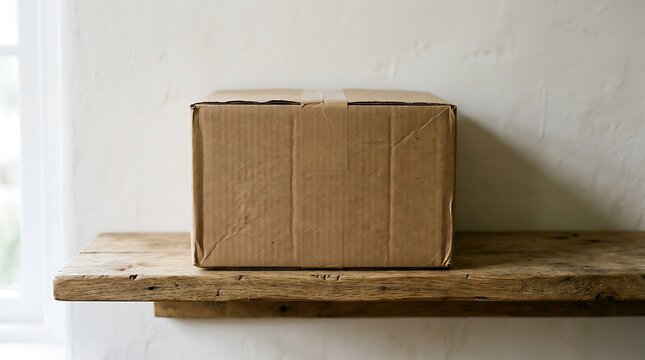 Cardboard shipping box sitting on a rustic wooden shelf for delivery and logistics concepts