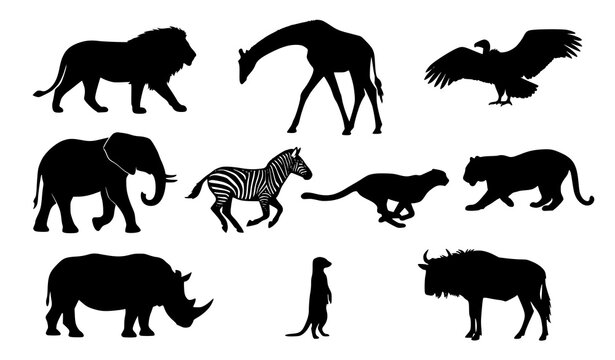 African Savanna Animals Silhouette Set with Lion Rhino Giraffe Elephant Zebra and Wildlife