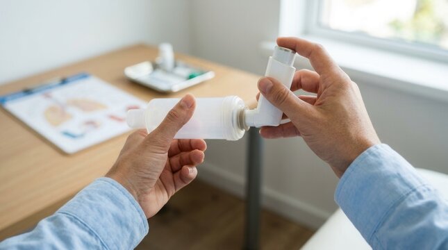 Person holding asthma inhaler and spacer device for respiratory relief, medical equipment for breathing difficulties.