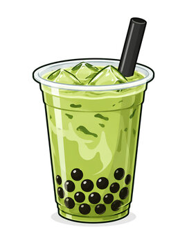 Green Matcha Boba Milk Tea with Tapioca Pearls and Ice, Vector Illustration&lrm;