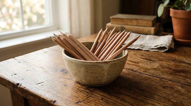 Wooden pencils in a ceramic bowl on a rustic wooden table for creative workspace concept