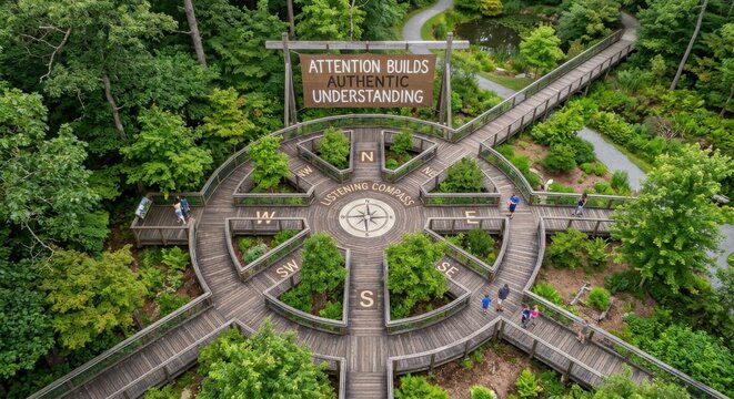 Wooden Compass Garden Pathway with 'Attention Builds Authentic Understanding' Sign