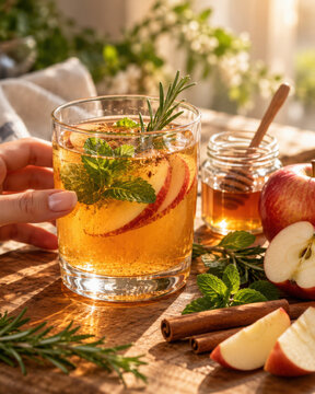Morning ritual drink with apple slices, honey, cinnamon, and fresh herbs supports gut health and refreshes body naturally