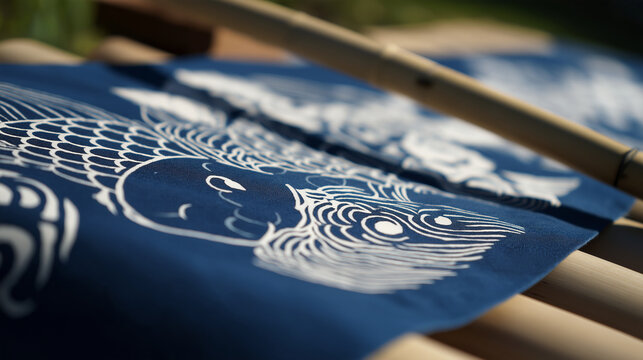 tenugui. Japanese indigo-dyed tenugui with koi pattern drying on a bamboo pole. gardening catalogs, home-decor guides, designed for home decor and floral branding, used by ux designers.