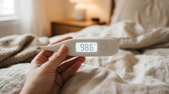 Hand holding digital thermometer showing normal body temperature in bed