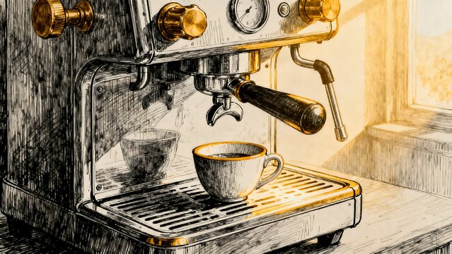 Artistic sketch of a vintage espresso machine brewing coffee into a cup in warm morning sunlight