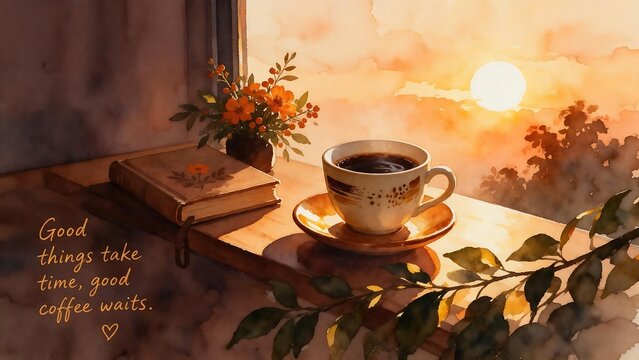 Cozy watercolor illustration of a coffee cup, book, and flowers on a windowsill at sunset with an inspirational quote