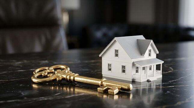 Shiny golden key and miniature house on dark marble desk for real estate concept