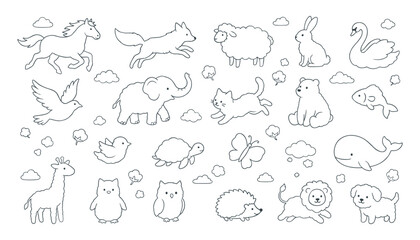 Obraz premium Cute Animals Outlines and Coloring Page Vector Clipart Set Featuring Line Art Wild Safari Animals Woodland Creatures Birds Fish and Marine Life Elements