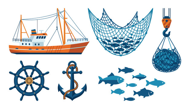Commercial fishing boat trawler vessel set with fish net full of catch anchor steering wheel and crane icons vector illustration