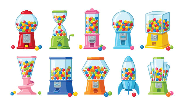 Colorful Gumball Machine Icon Set with Diverse Vintage Retro Bubblegum Dispenser Designs Filled with Sweet Candy Balls for Web and Graphic Projects