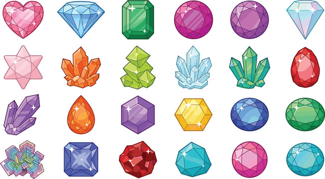 Gemstone crystal vector icon collection featuring colorful diamonds rubies emeralds sapphires raw quartz clusters heart star and geometric cut magical fantasy gaming gems
