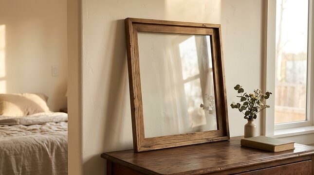 Empty wooden picture frame on a rustic wooden dresser in a cozy sunlit bedroom interior